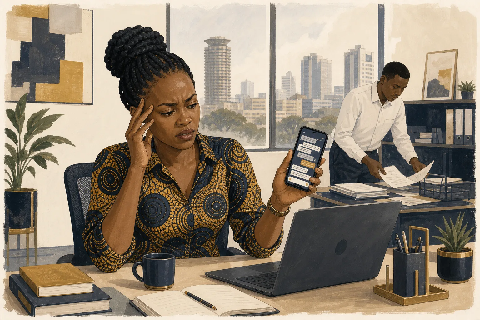 A Nairobi office on Monday: mail on the desk, the meeting link still lost in a chat.